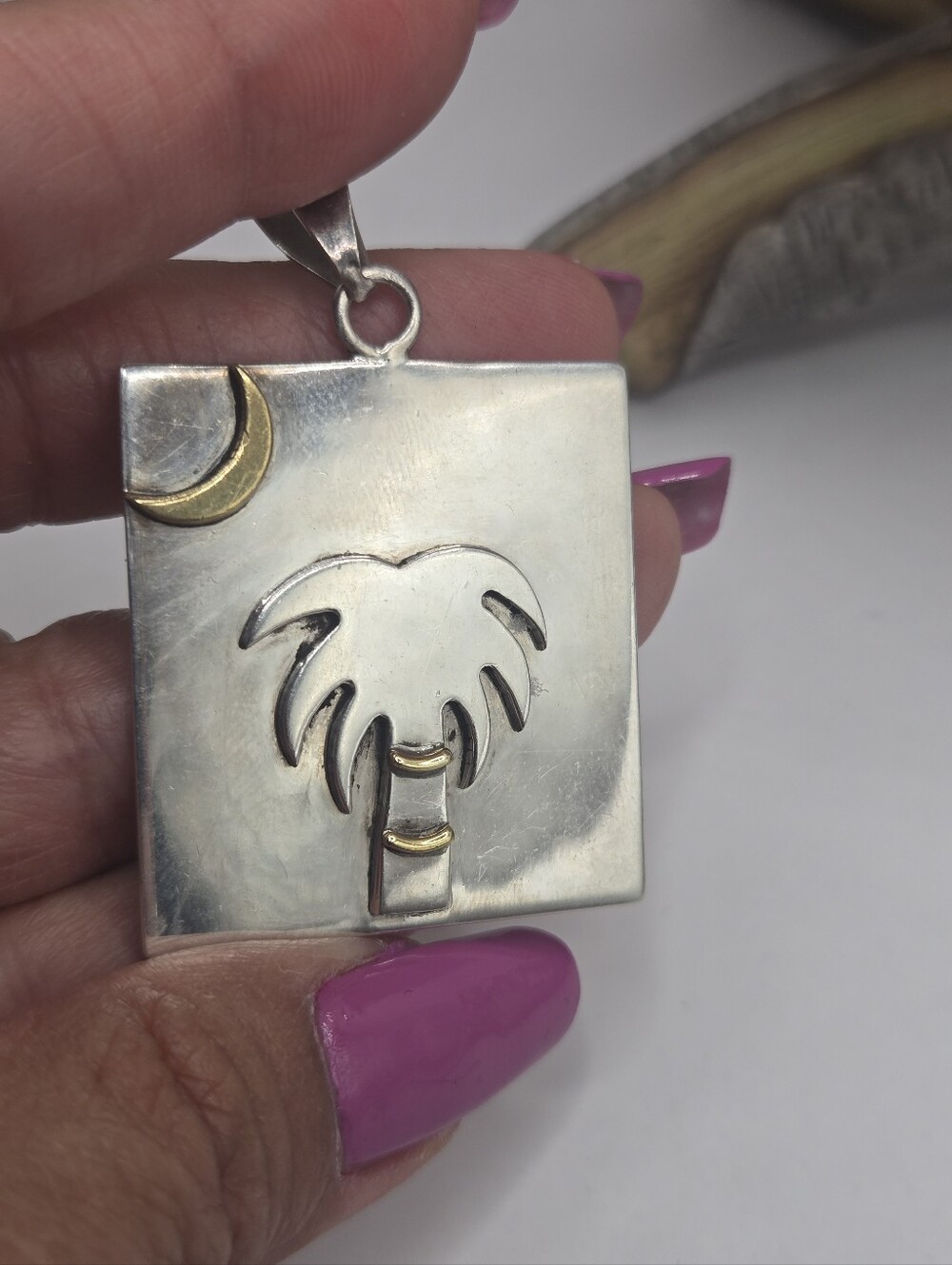 Sterling Silver Palm Tree & Moon Pendant - Silver with Gold Accents